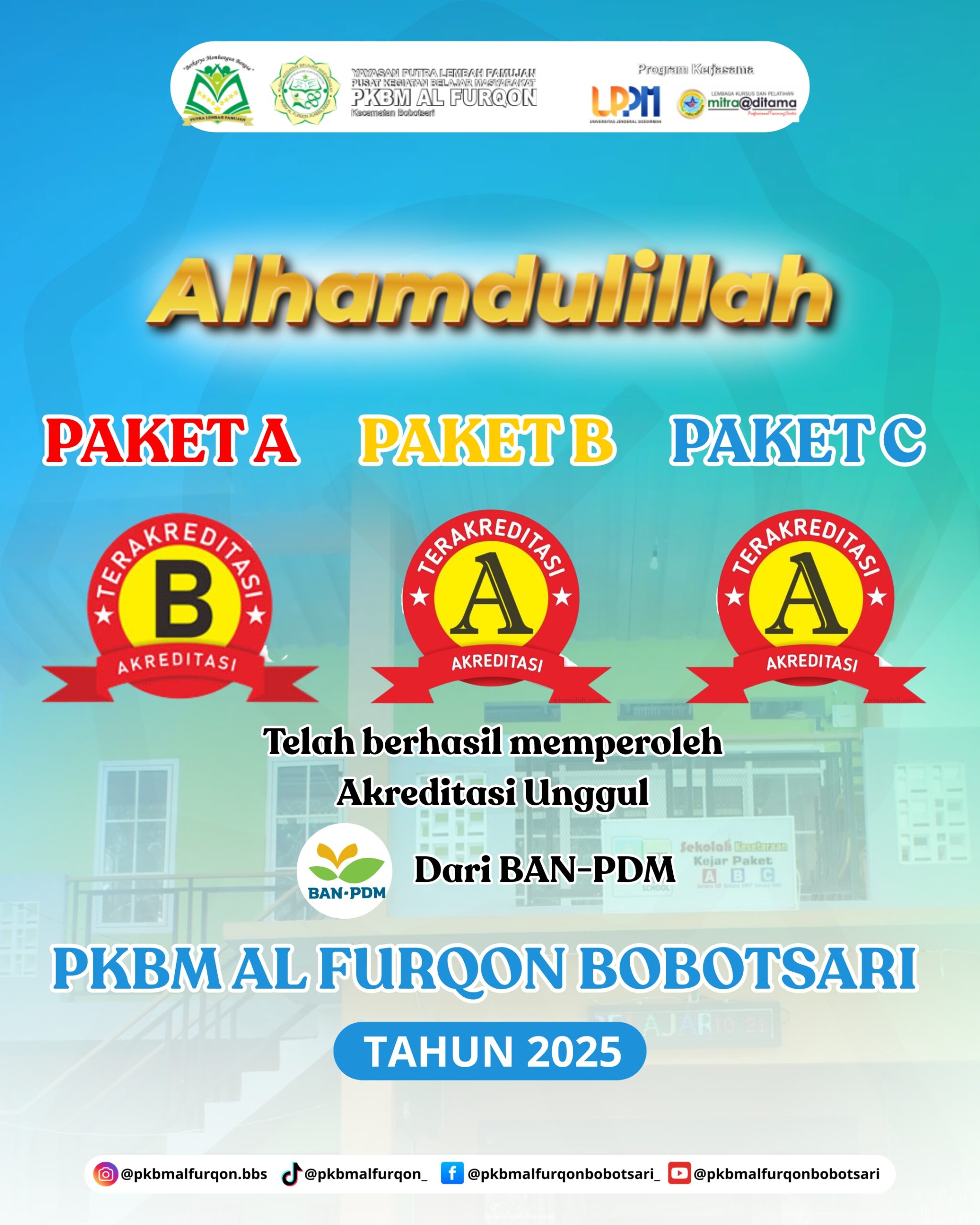 Alhamdulillah PKBM AL FURQON telah memperoleh akreditasi unggul